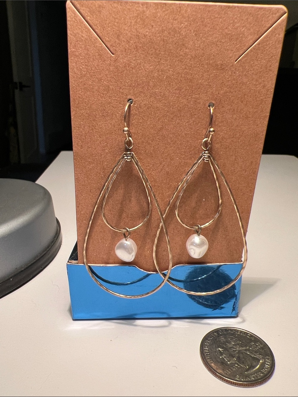 Gold Teardrop Pearl Dangle Earrings - Unbranded